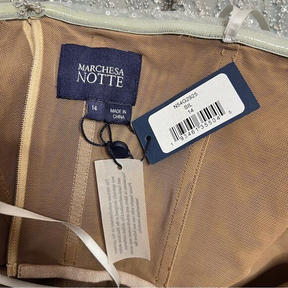 NWT Marchesa Notte Strapless beaded glitter tulle column gown SZ 14 silver - Picture 7 of 8